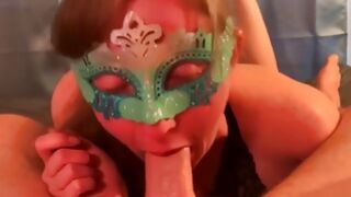 Cute teen wearing her mask and she is swallowing dick